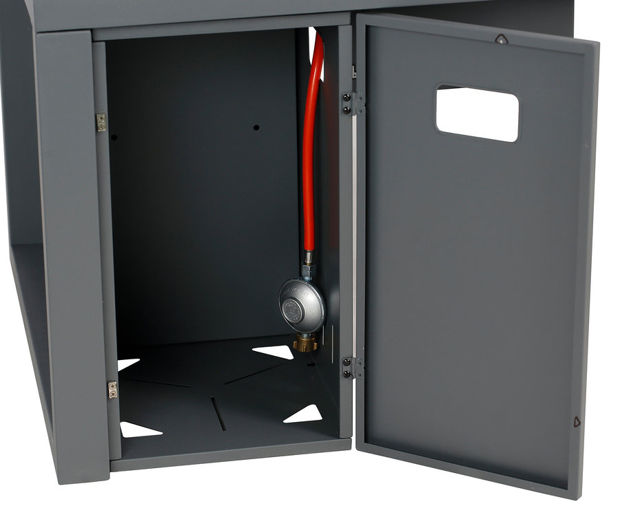 Grauer Schranktisch mit offener Tür und rotem Schlauch im Inneren, Buschbeck Loungetisch »Lagos«.