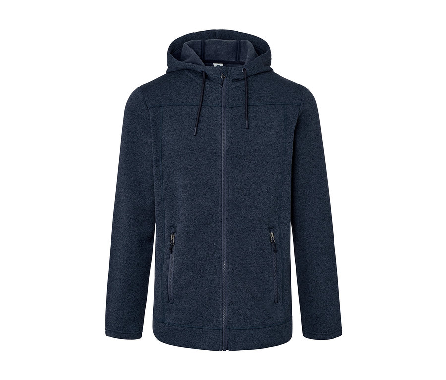 Eine blaue Strickfleece-Jacke mit Reißverschluss und Kapuze.