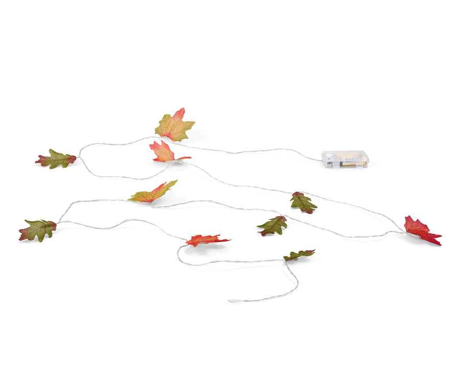 LED-Lichterkette »Blätter« mit bunten Herbstblättern auf weißem Hintergrund.