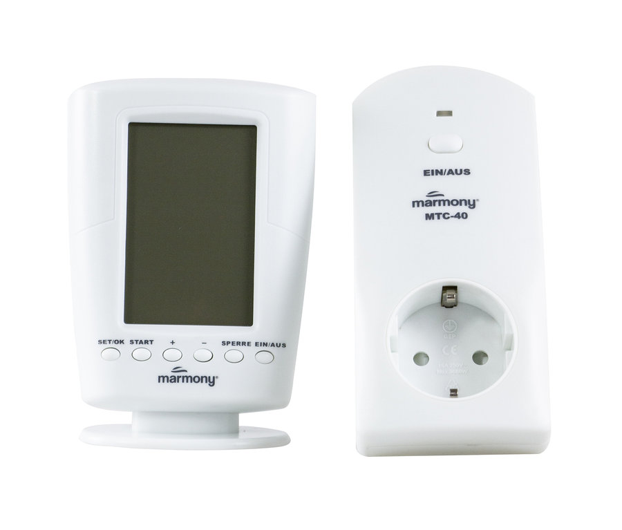 Zwei weiße Marmony Thermostate auf weißem Hintergrund.