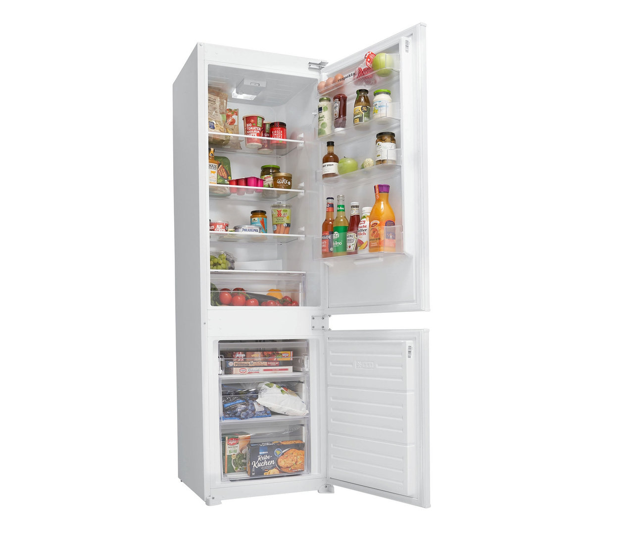 Geöffneter weißer Respekta Kühl-Gefrierkombination »GKE178N«, E (von A bis G) voller Lebensmittel.