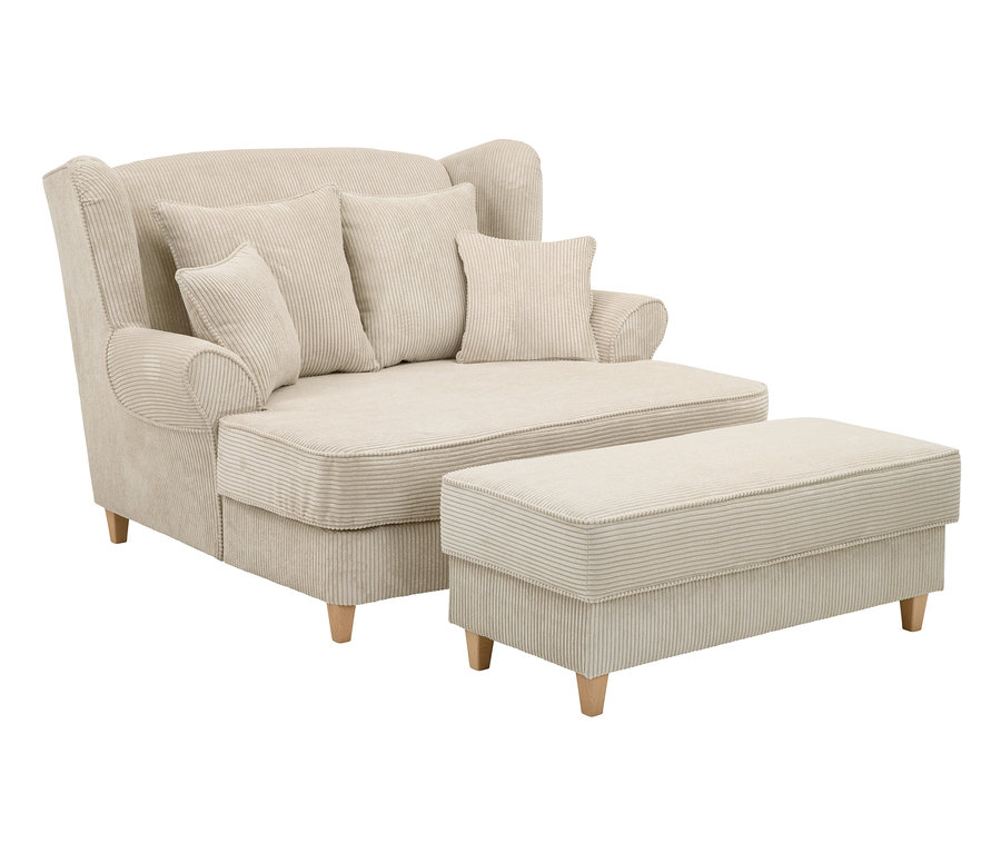 Beige aufklappbare Hockerbank mit Stauraum und XXL-Ohrensessel »Harvard« aus Cordstoff.