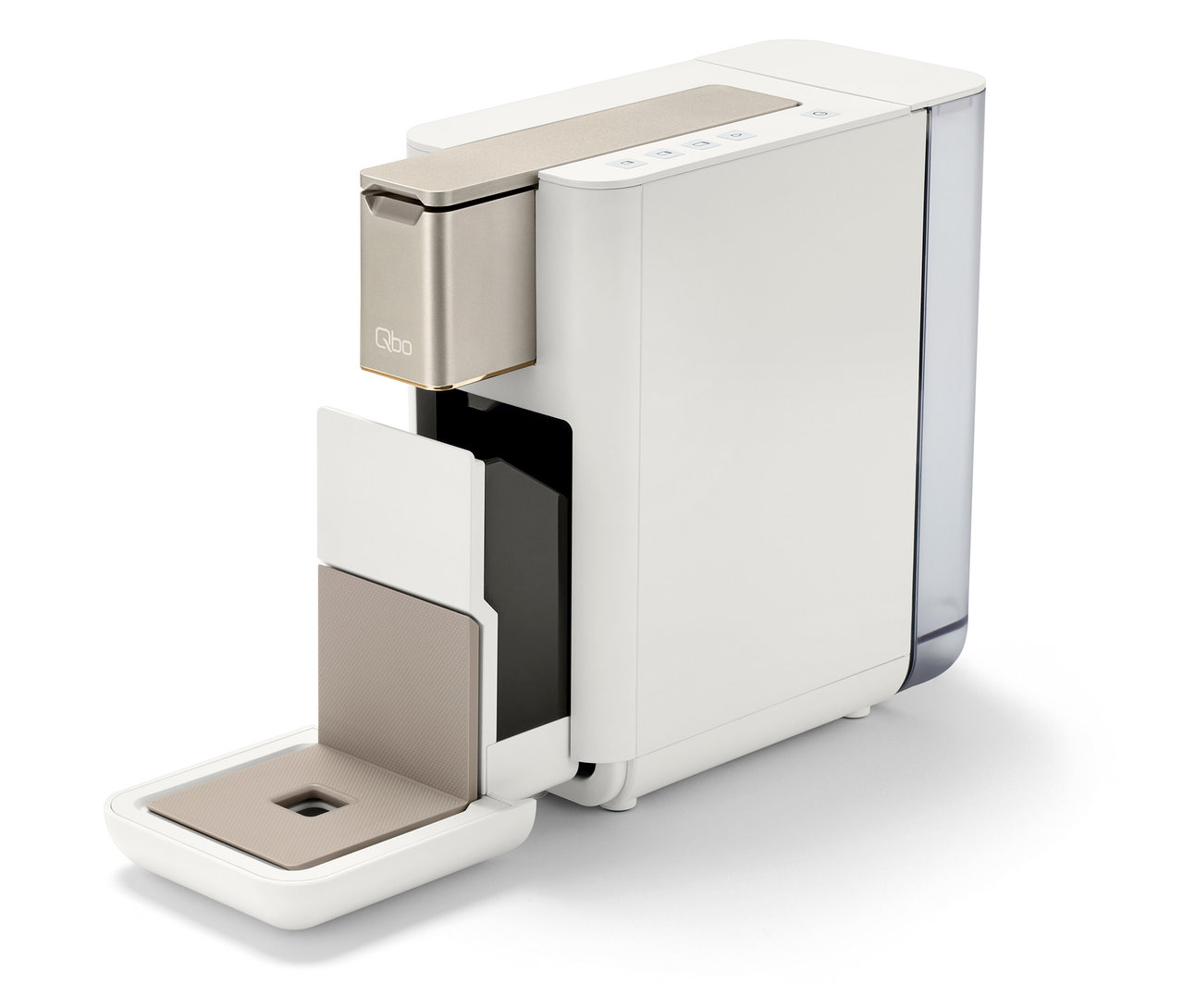 Qbo ICONIC Light Gold Kaffeemaschine auf weißem Hintergrund.