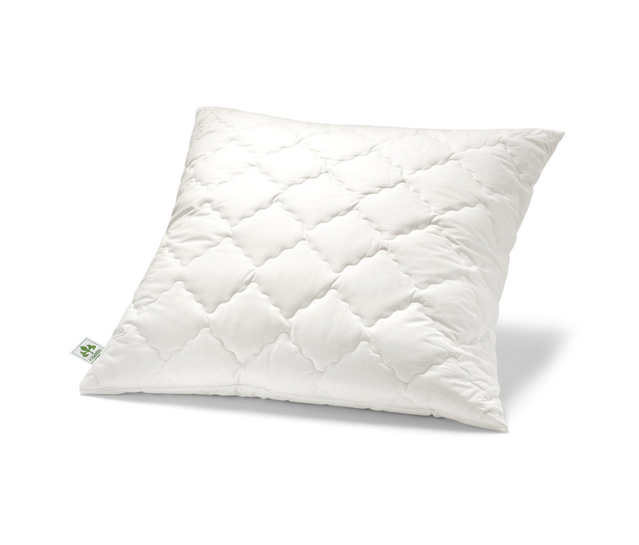 Ein weißes, gestepptes irisette® greenline Kopfkissen mit Lavendel.