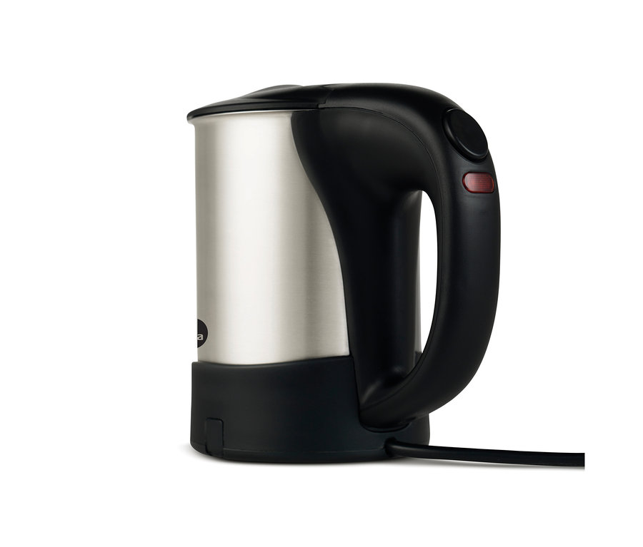 Silberner WILFA Wasserkocher TRAVEL, »TK-1000« mit schwarzem Griff und Sockel.