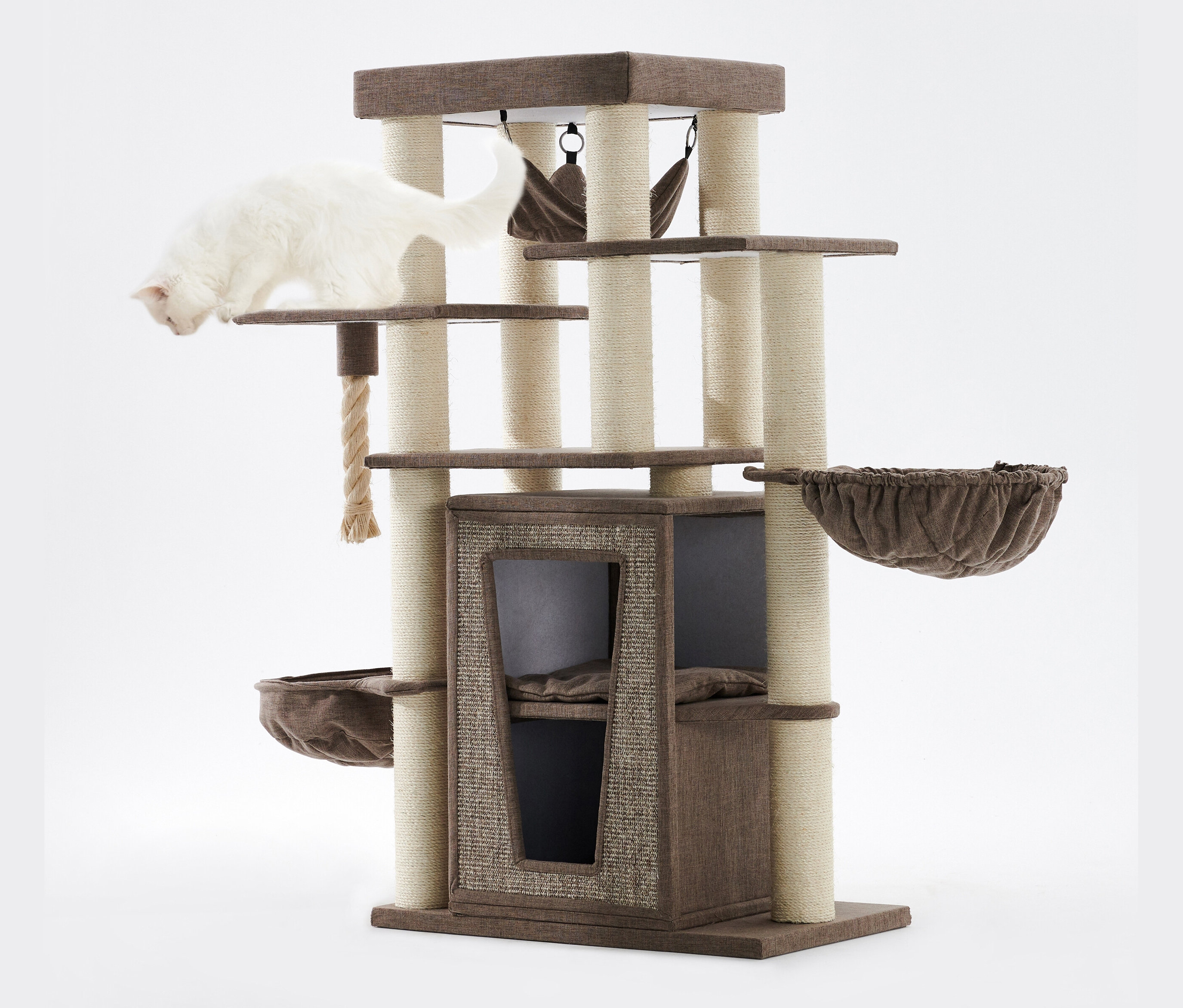 Weiße Katze klettert auf den braunen Nobby Kratzbaum »HITAL«.