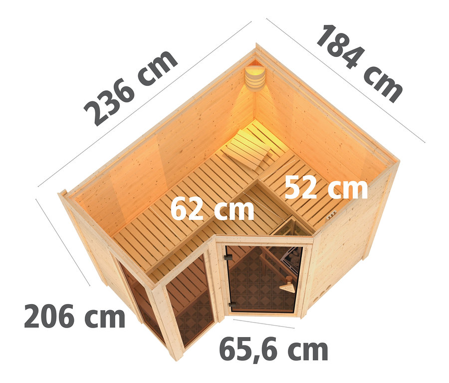 Draufsicht auf Karibu Sauna »Ayla«, Eckeinstieg mit Maßen.