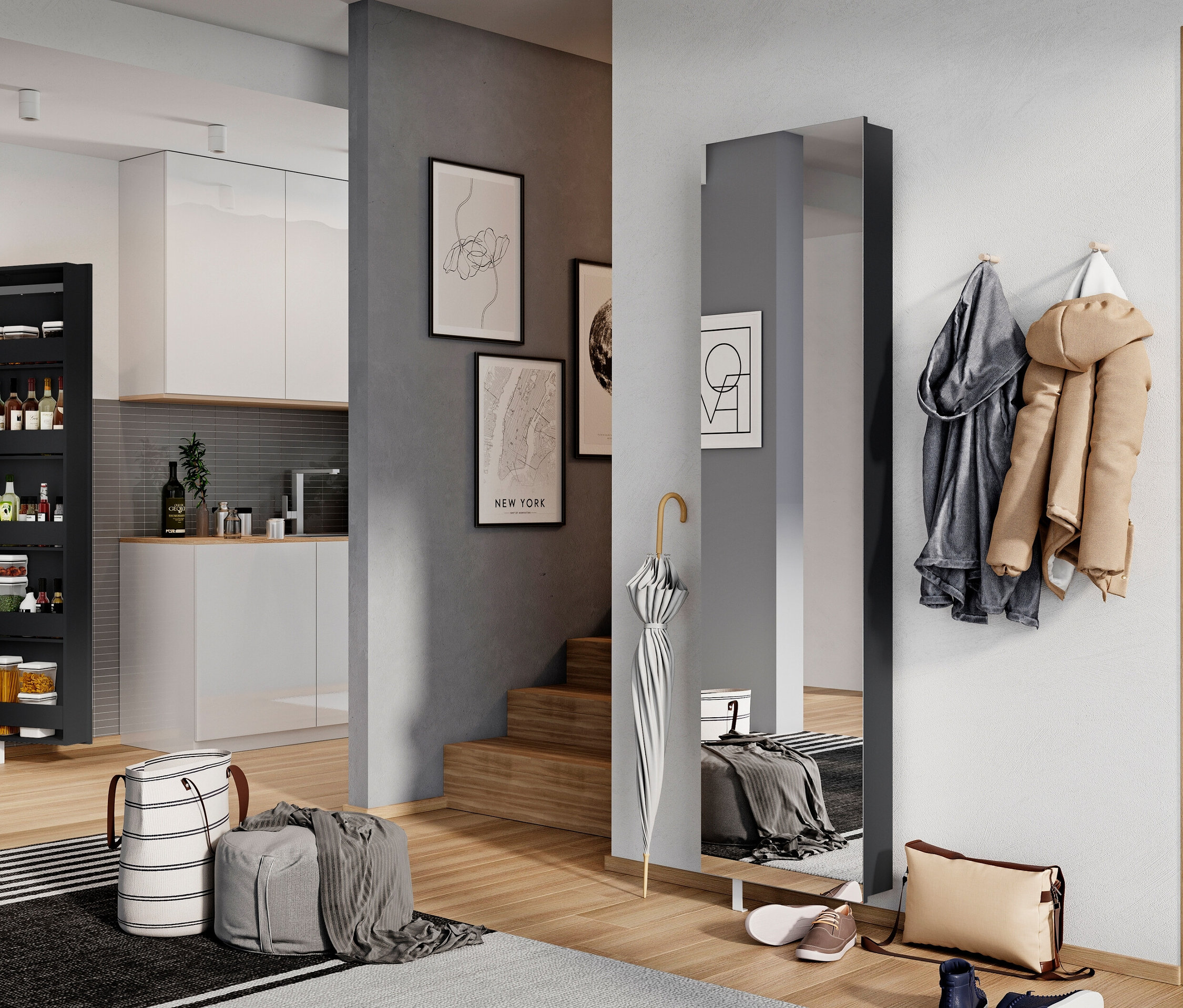 Inneneinrichtung mit Drehtürenschrank mit Ganzkörperspiegel, Kleiderbügeln und Dekorationsartikeln.