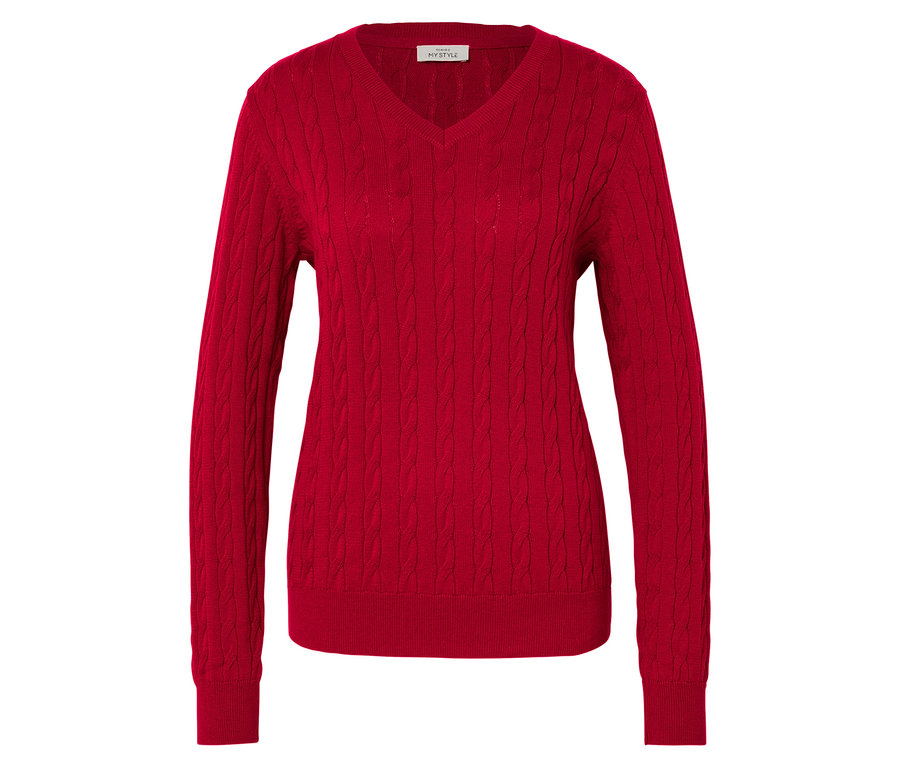 Roter V-Ausschnitt Pullover mit langen Ärmeln.