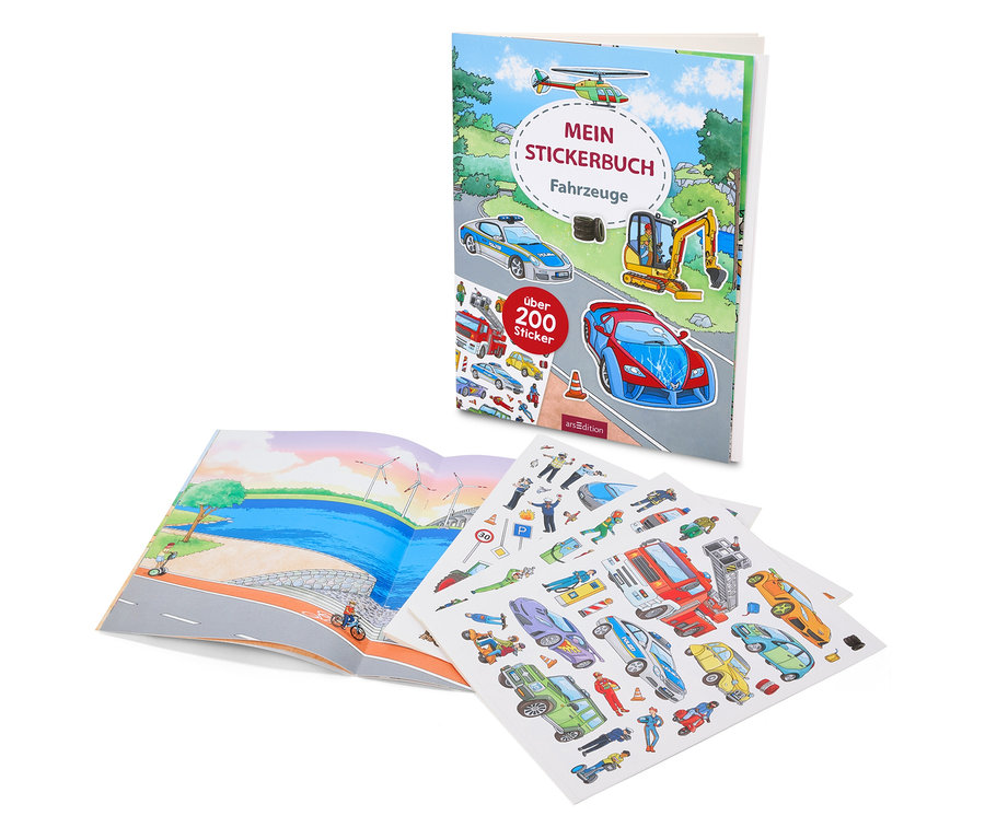 Das Bild zeigt ein offenes Stickerbuch "Fahrzeuge".