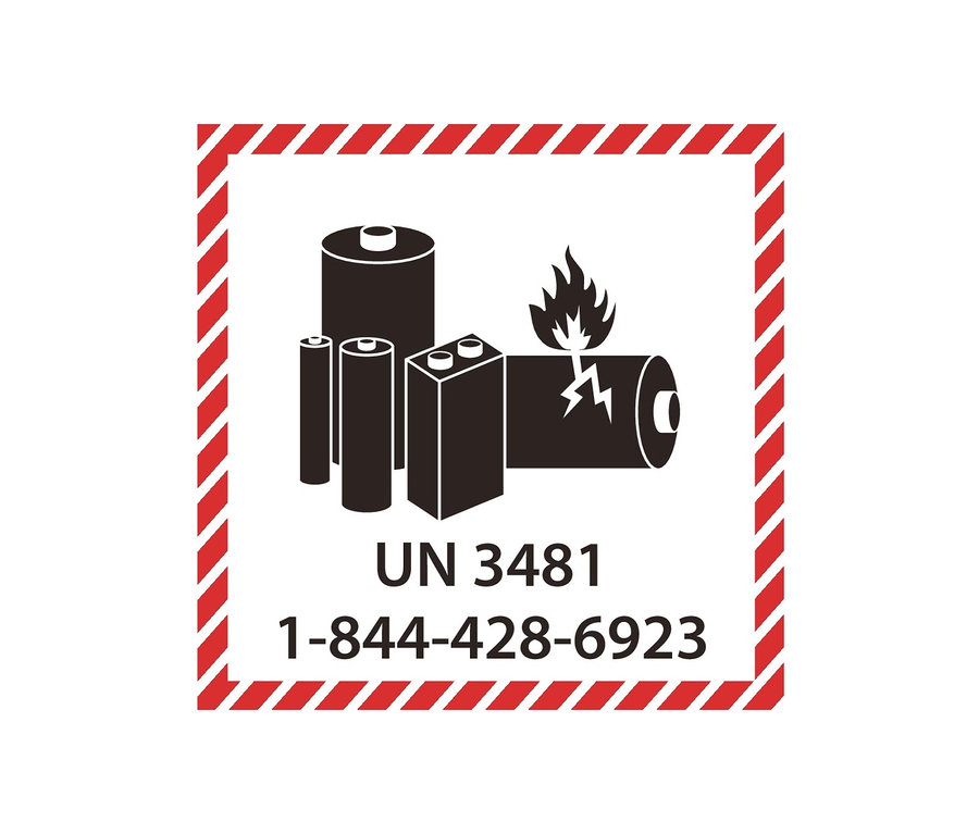 Die Illustration zeigt die Gefahren von Lithiumbatterien, einschließlich Symbole für verschiedene Batterietypen und Flammen.