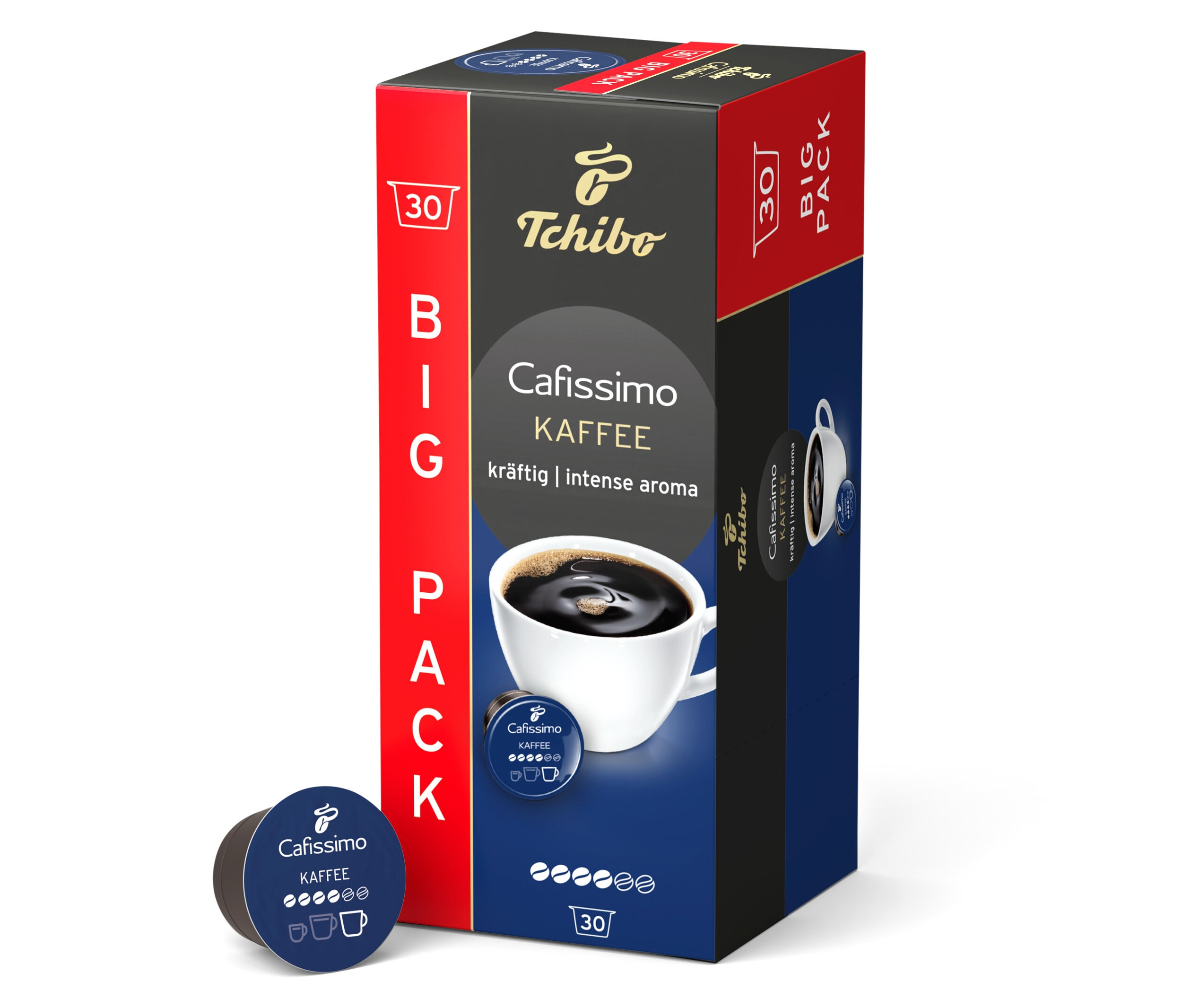 Packung Cafissimo Kaffee kräftig - 30 Kapseln neben einer einzelnen Kapsel.