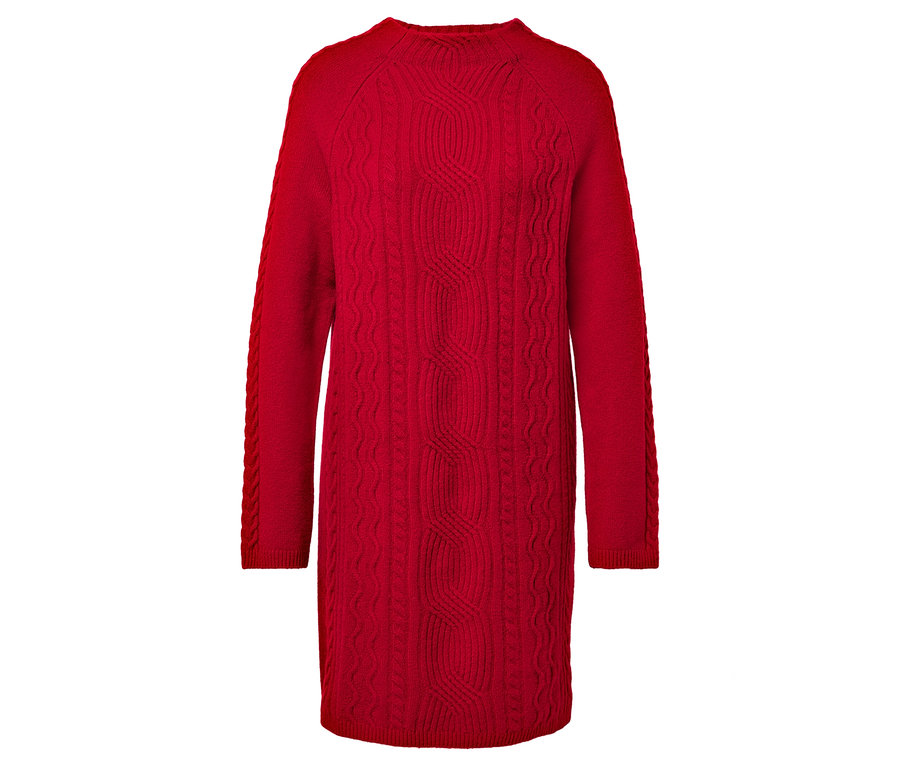 Rotes Strickkleid mit langen Ärmeln und Zopfmuster.