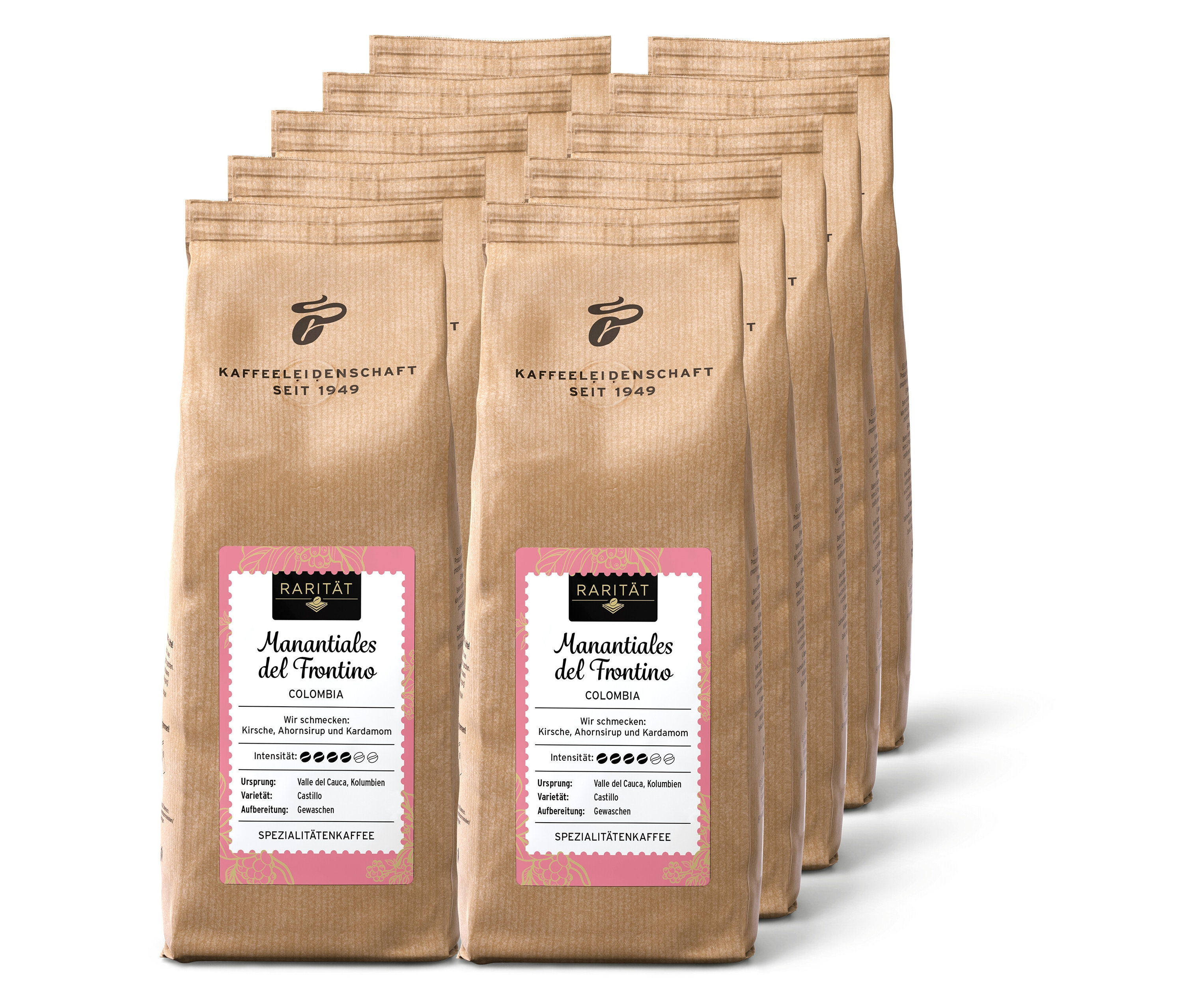 Eine Reihe von braunen Papierkaffeetüten, jede mit einem rosa Etikett mit der Aufschrift Manantiales del Frontino.