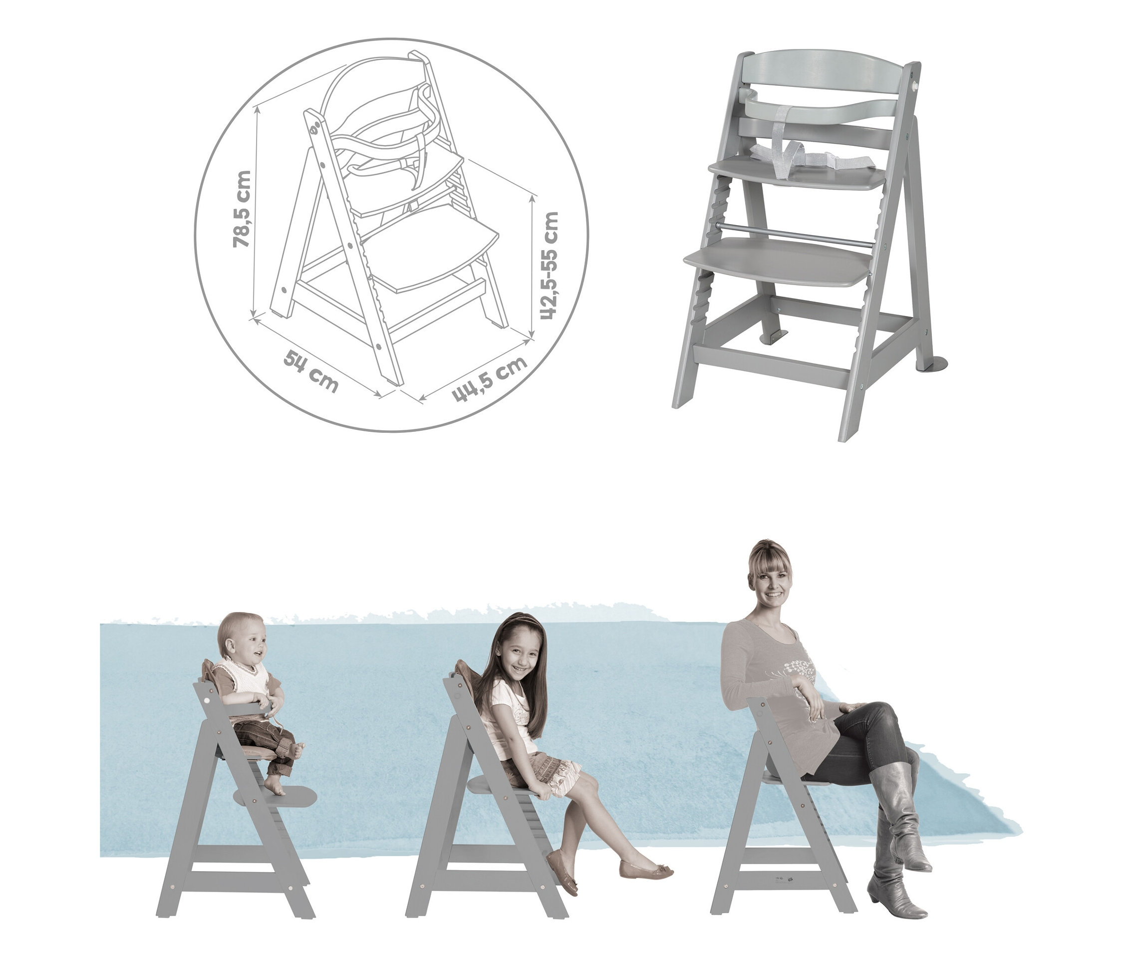 Verschiedene Ansichten eines grauen Kinderhochstuhls mit Maßen und Personen, die darauf sitzen.