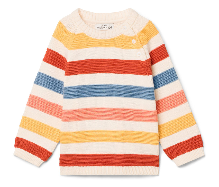 Gestreifter Kinderpullover in Creme, Gelb, Rot, Blau und Rosa mit zwei Knöpfen am Kragen.
