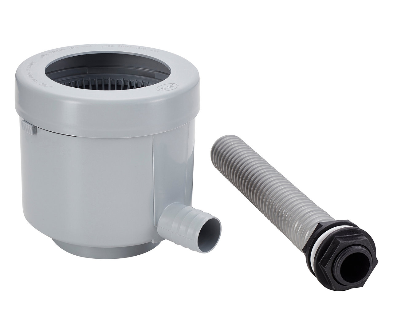 Ein grauer Oberflächenabsauger mit einem grauen Schlauch mit schwarzer Manschette liegt daneben.