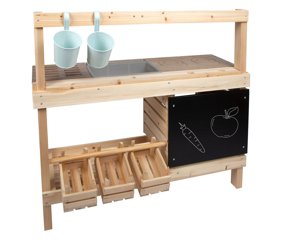 Die small foot Matschküche und der Kaufladen aus Holz mit Hängeeimern, Spüle, Kochfeld, Kreidetafel und Ablagekörben.