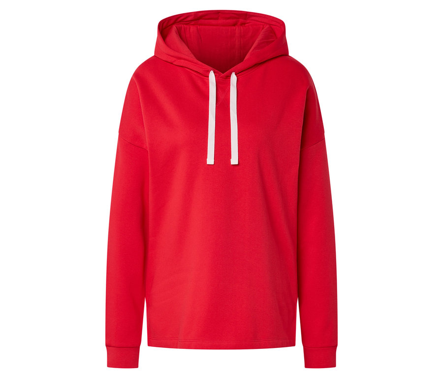 Roter Hoodie mit Kapuze und weißen Kordeln.