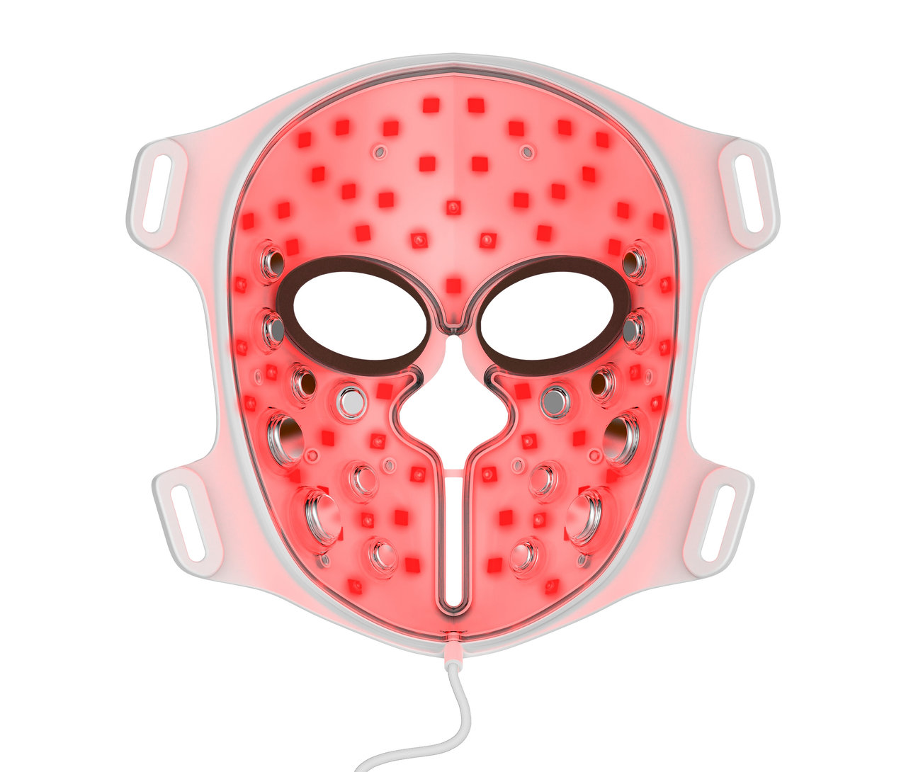 Nahaufnahme der Silk'n LED Gesichtsmaske mit EMS, die rote LED-Leuchten und Aussparungen für Augen und Nase zeigt.