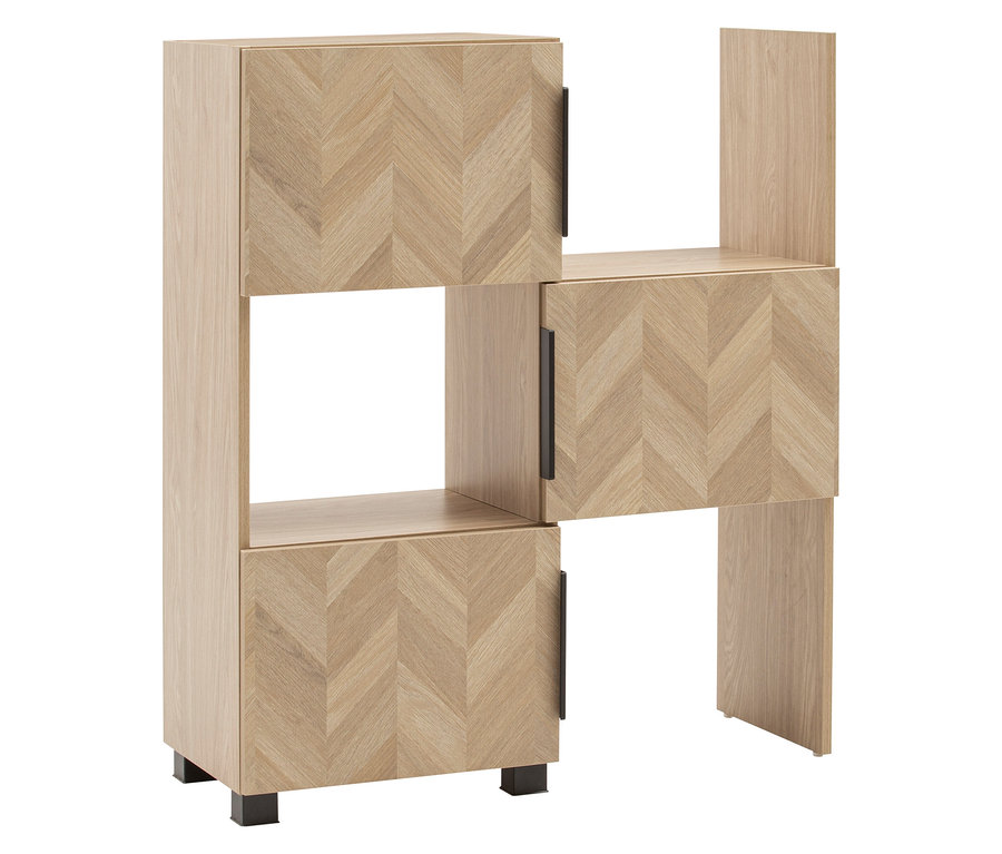 Schildmeyer Schieberegal in Eichenoptik mit drei Fächern und drei Türen mit Griffen.