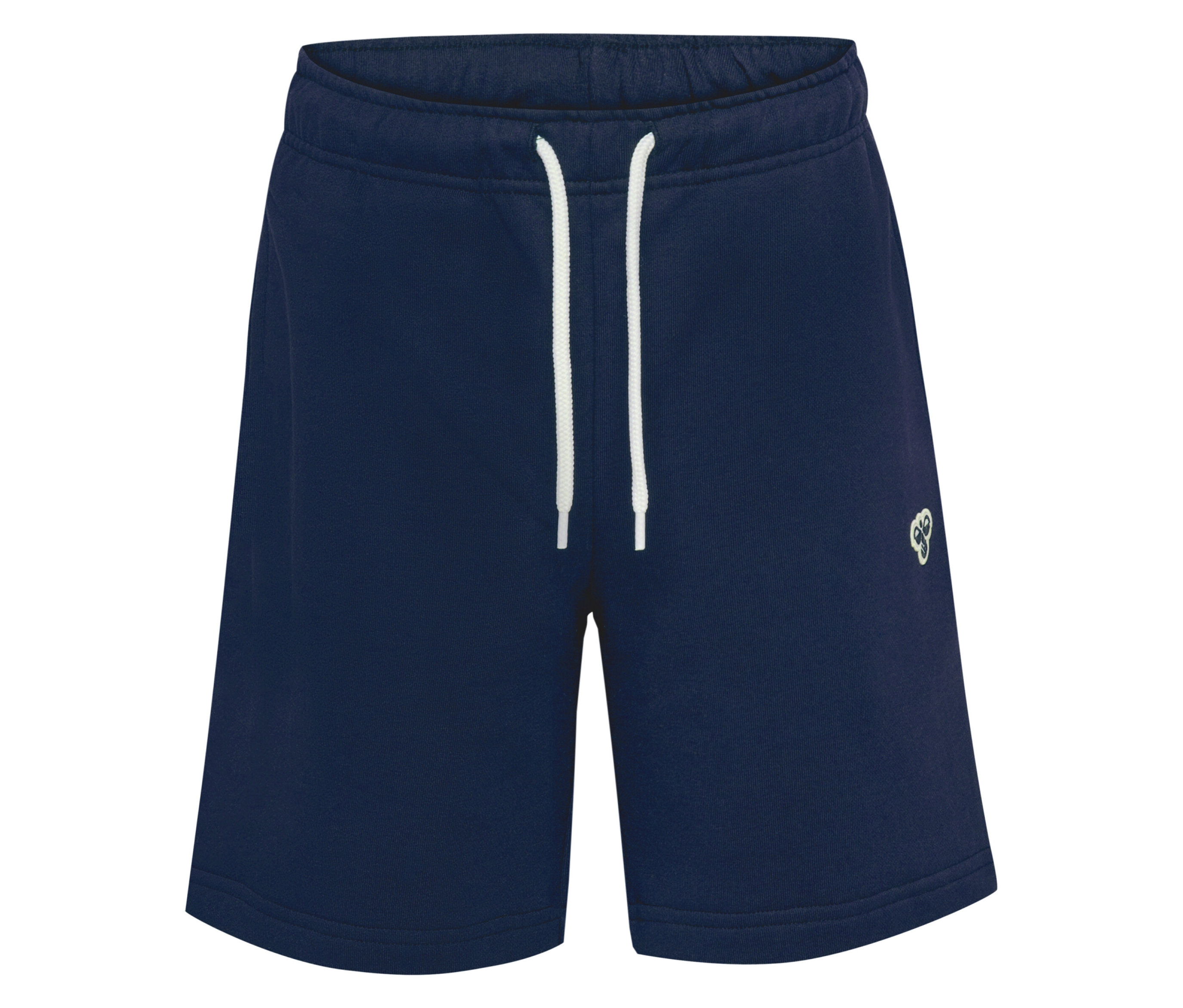 Blaue hummel® HMLJR Loose Sweatshorts mit weißem Kordelzug und kleinem Logo.