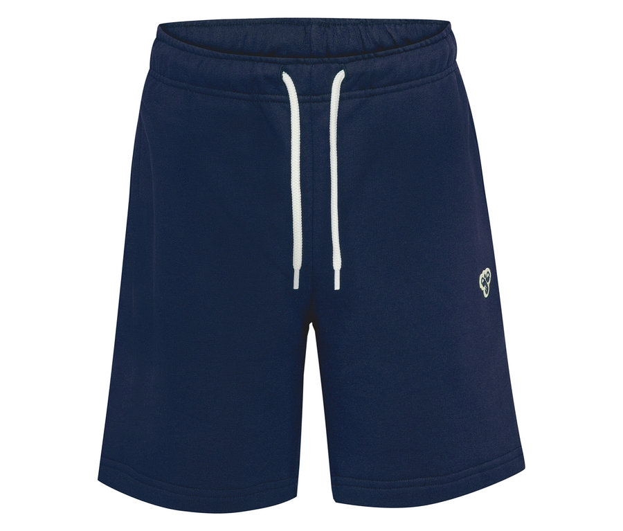 Blaue hummel® HMLJR Loose Sweatshorts mit weißem Kordelzug und kleinem Logo.