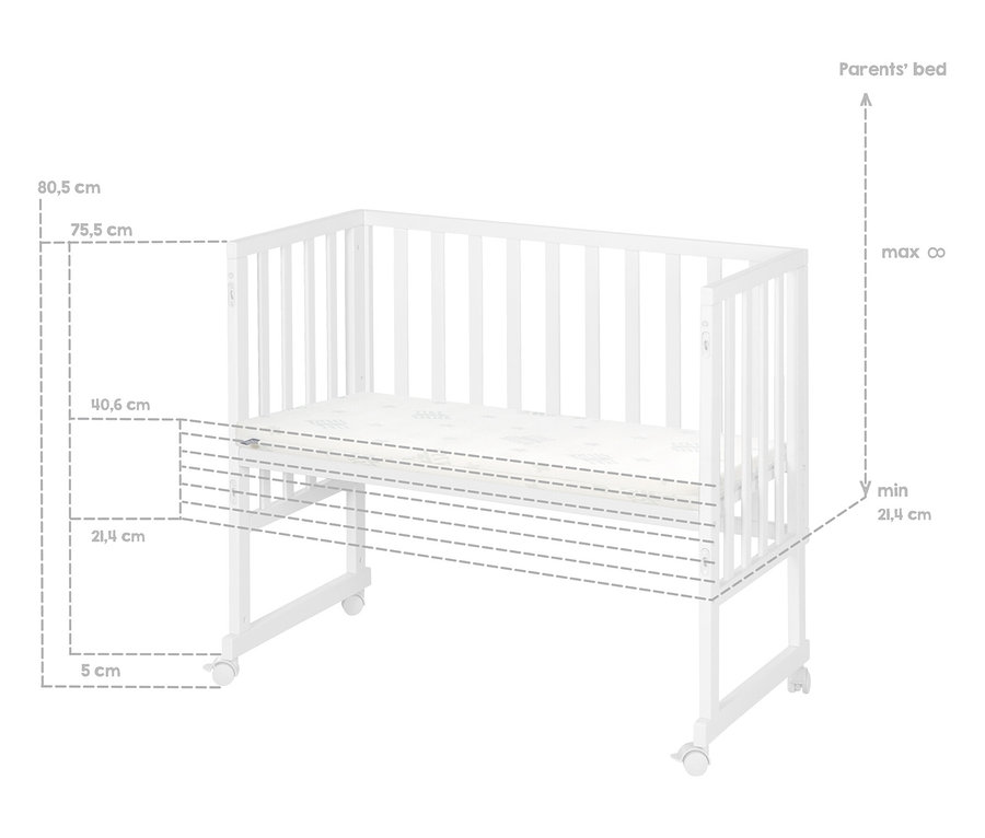 Abbildung des roba 3-in-1-Stuben-Beistellbettes mit Maßangaben.