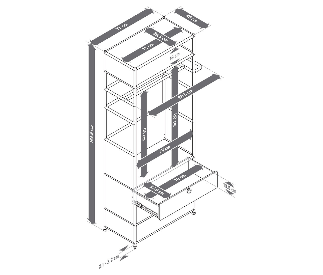 Draufsicht einer Garderobe Metall »CN3« mit Kleiderstange und 3 Schubladen mit Maßangaben.