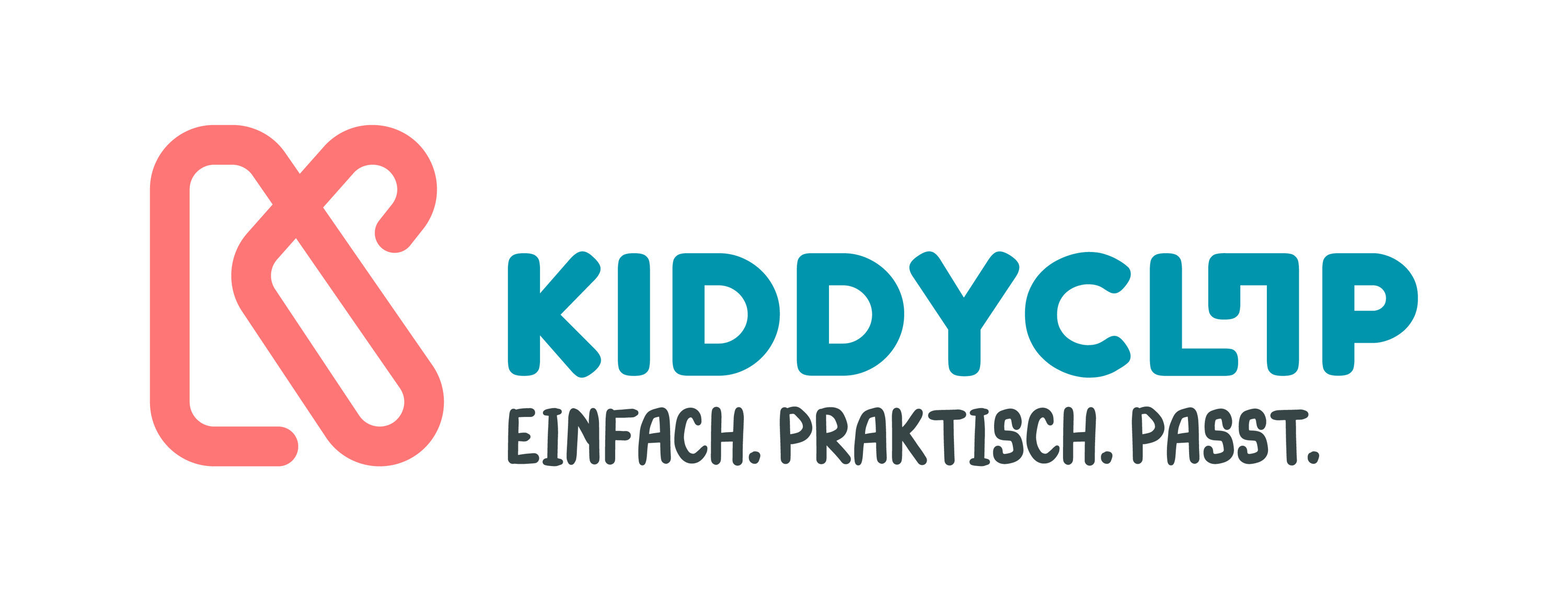 Das Kiddyclip-Logo mit einem roten, stilisierten K und dem blauen Schriftzug "KIDDYCLIP. EINFACH. PRAKTISCH. PASST."