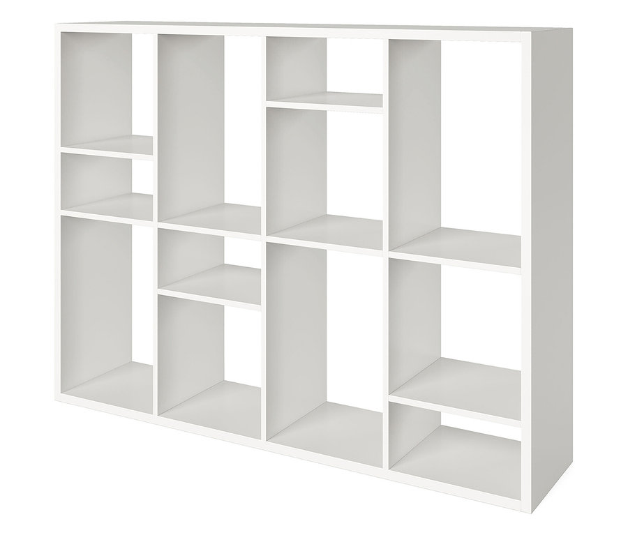 Weißes Regal mit zwölf Fächern unterschiedlicher Größe.