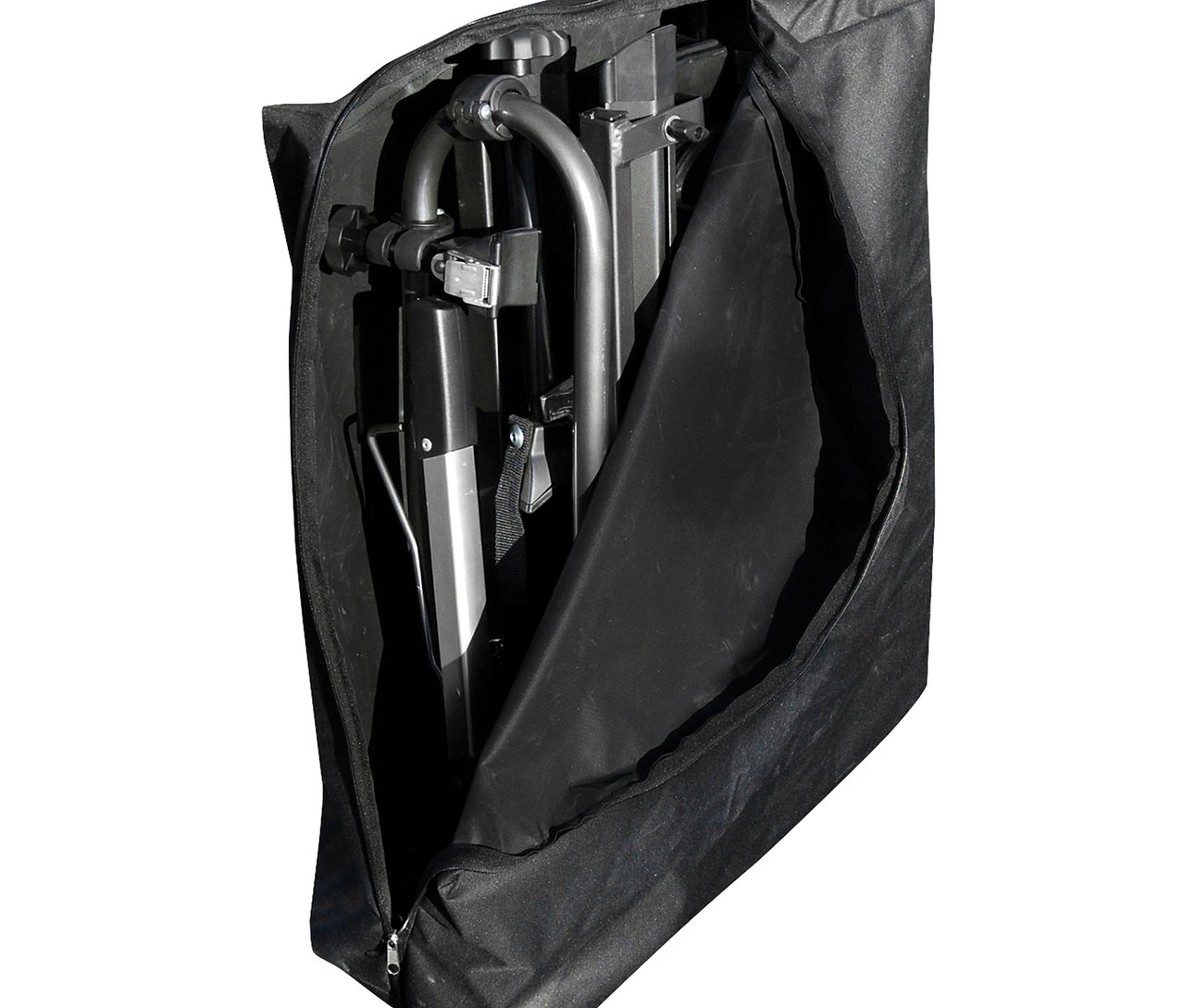 Zusammengeklappter, schwarzer Fahrradträger »Poker-F« in einer Hülle.