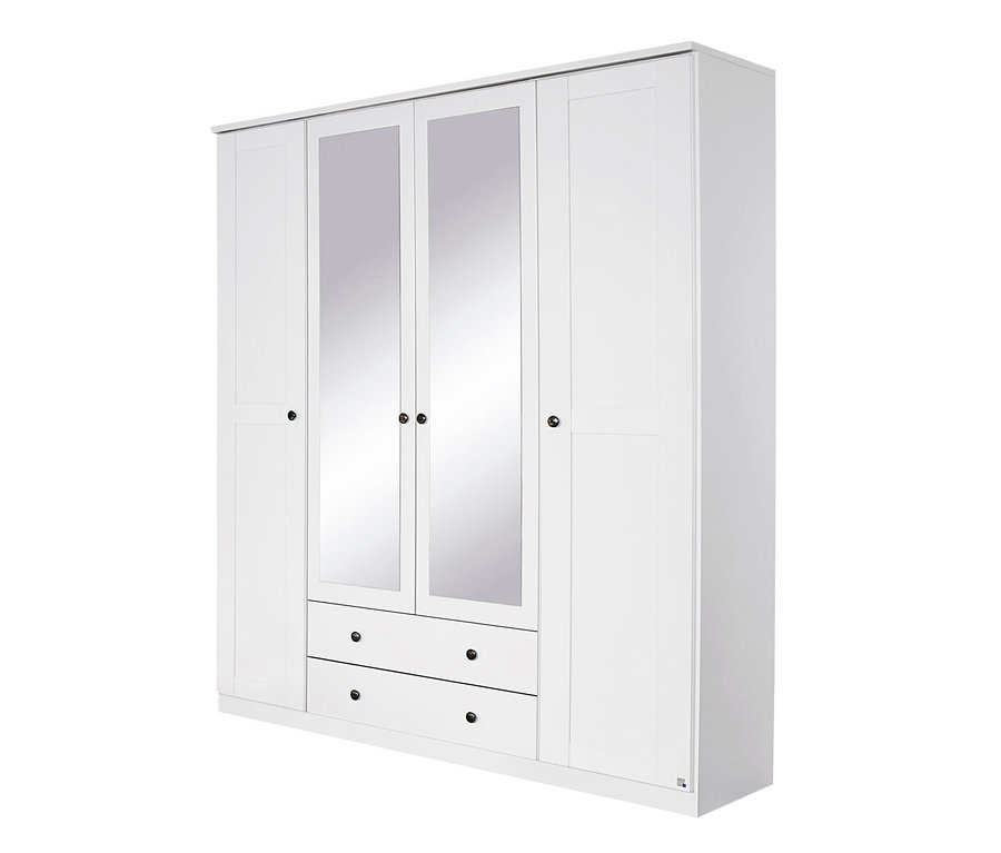 Weißer, 4-türiger Kleiderschrank »ROSENHEIM« mit Spiegeln in der Mitte und zwei Schubladen unten.