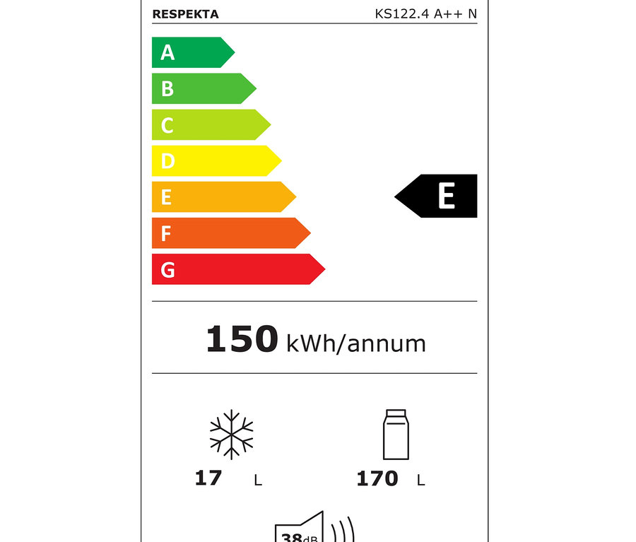Energielabel des Geräts Respekta KS122.4 A++ N, Klasse E, Verbrauch 150 kWh/annum, Gefrierfach 17 l, Kühlschrank 170 l, Geräuschpegel 38 dB.