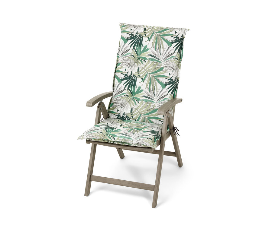 Eine Hochlehner-Auflage mit Print auf einem Stuhl.