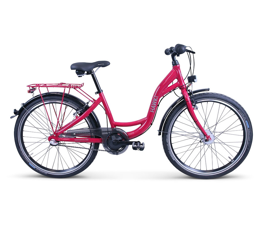 Ein rotes HAWK-Bikes-Jugendfahrrad »City Wave Girls« steht vor einem weißen Hintergrund.