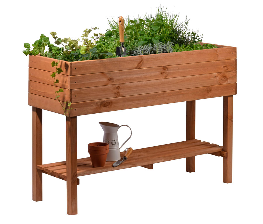 Hochbeet, ca. 117 x 80 x 40 cm, mit Pflanzen und Gartengeräten.