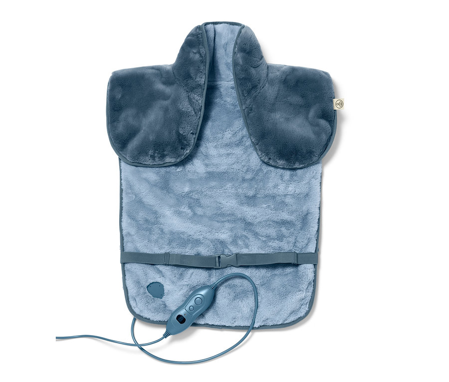 Blaues Rückenheizkissen mit Gurt und Bedienfeld.