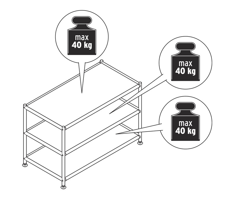 Eine Skizze eines CN3 Metall Couchtisches mit drei Ablagen und einer maximalen Traglast von 40 kg.