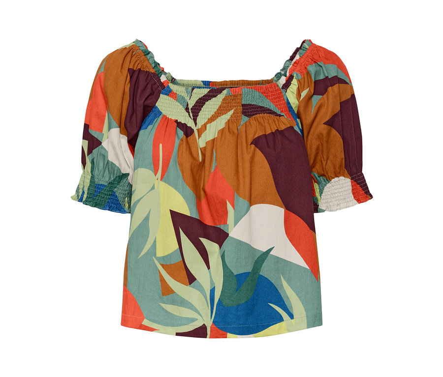 Bluse mit Puffärmeln mit buntem Pflanzenmuster.