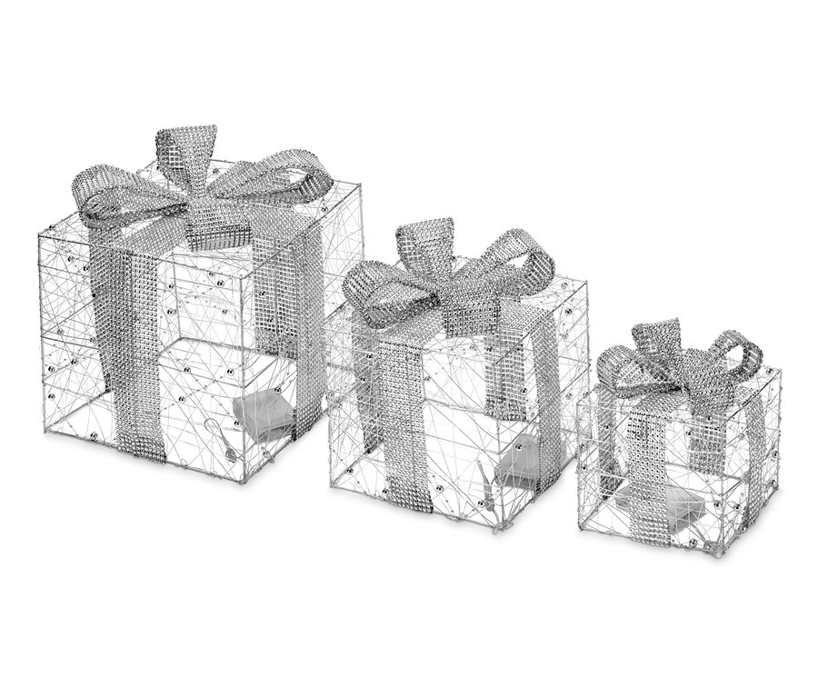 Drei LED-Geschenk-Sets mit Schleife in verschiedenen Größen.