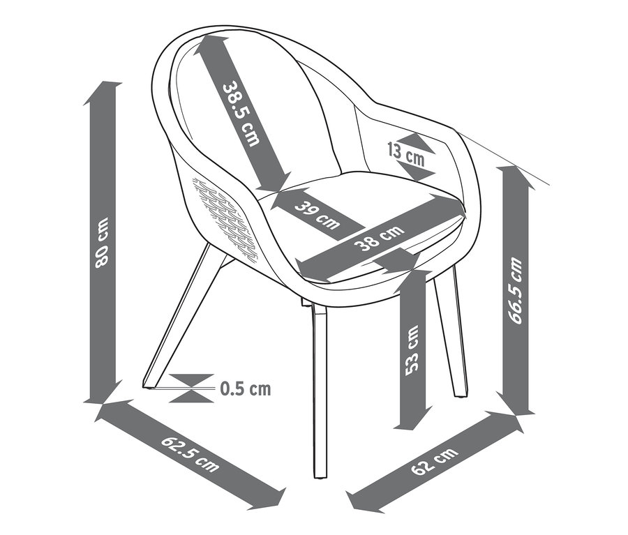 Abmessungen des Premium-Schalenstuhls mit Polyrattangeflecht.