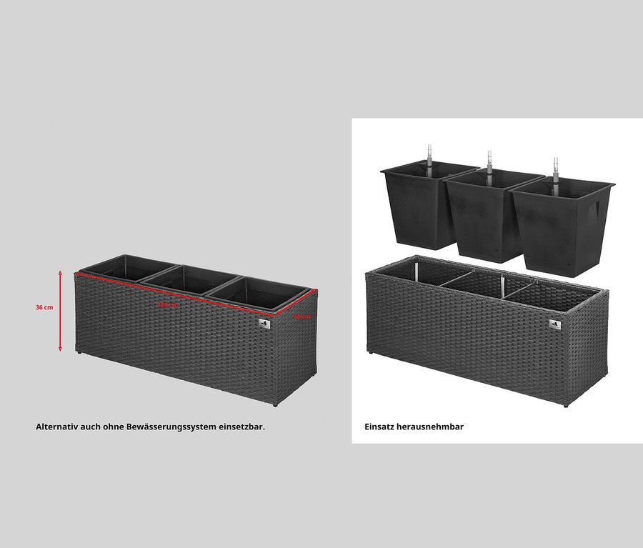 Zwei Ansichten eines anthrazitfarbenen Pflanzgefäßes aus Polyrattan mit einer Breite von ca. 102 cm.