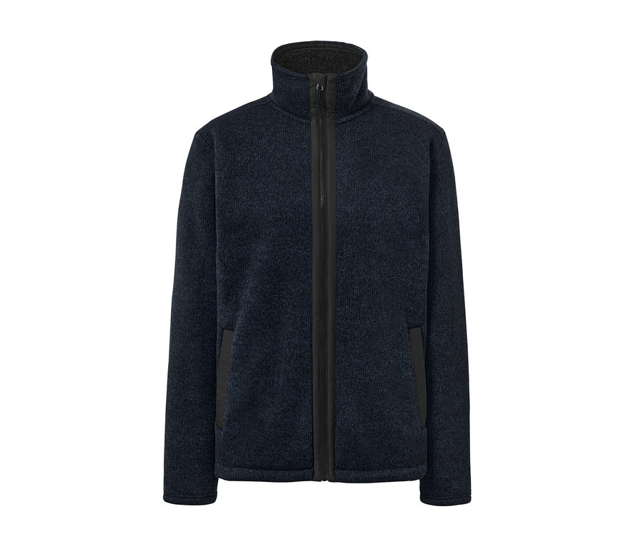 Eine dunkelblaue Strickfleece-Jacke mit Reißverschluss in der Mitte.