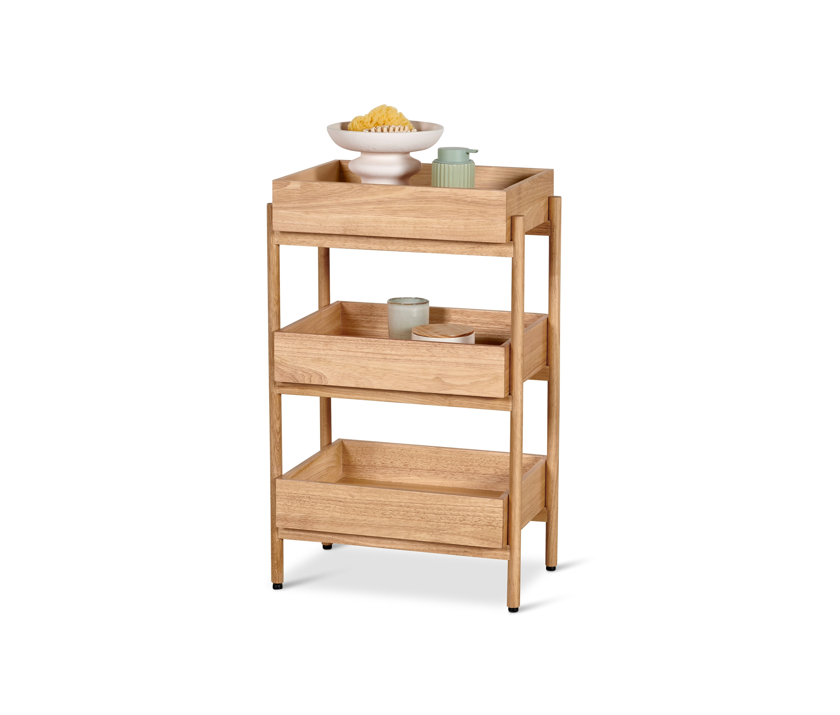 Ein Standregal mit 3 Fächern mit Badezimmerzubehör.