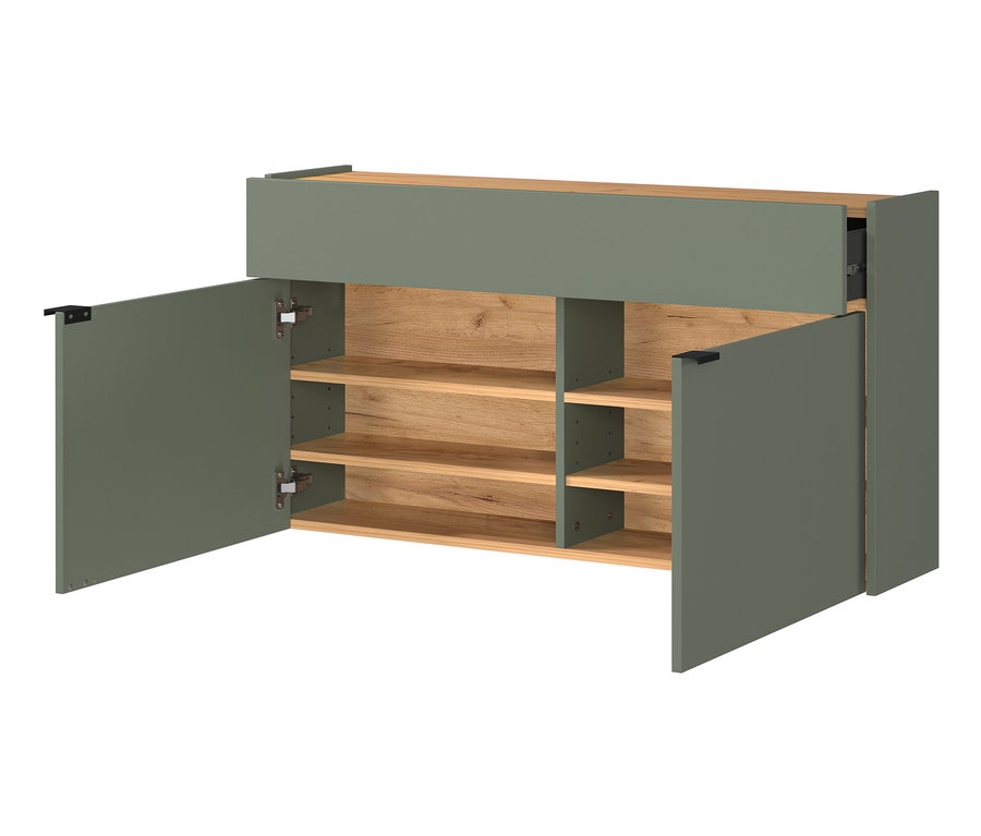 Breiter Mehrzweckschrank »Ameca« in Taupegrün mit offenen Türen und Regalen.