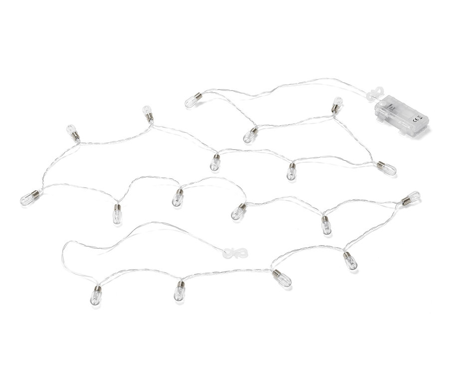 LED-Lichterkette mit Mini-Glühbirnen auf weißem Hintergrund.