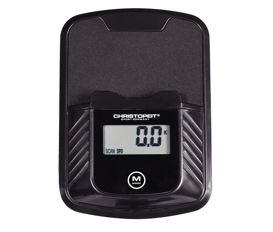 Schwarzes Display mit Geschwindigkeits- und Modusanzeigen für Heimtrainer 2.2 in Holzoptik.