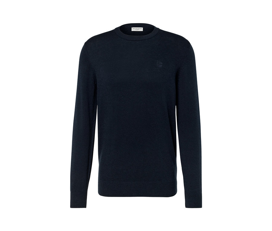 Dunkelblauer Pullover mit Rundhalsausschnitt.