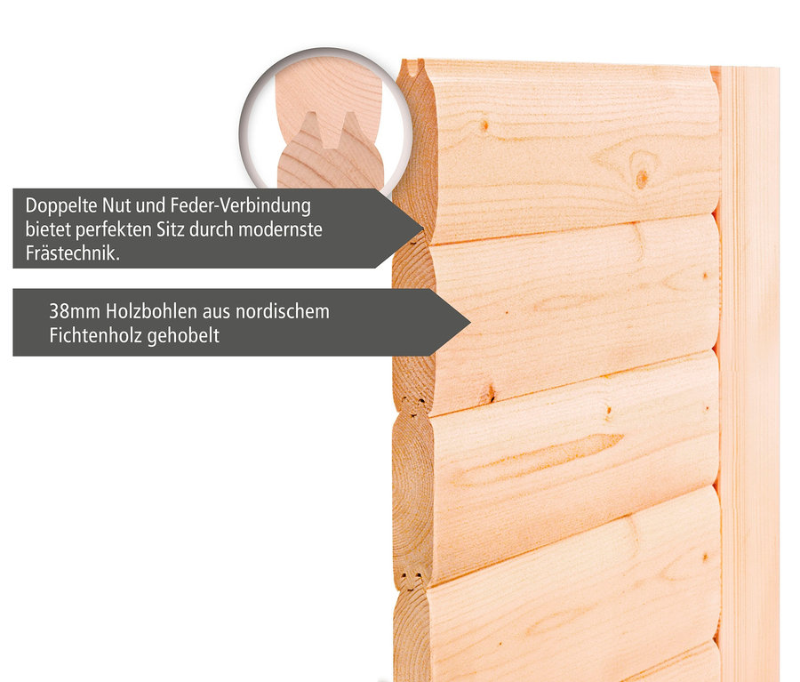 Detail einer Holzkonstruktion mit Nut- und Federverbindung.